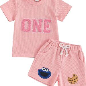 Pink Girl First Birthday Cookie Monster Outfit Shirt Shorts Sesame Street Top